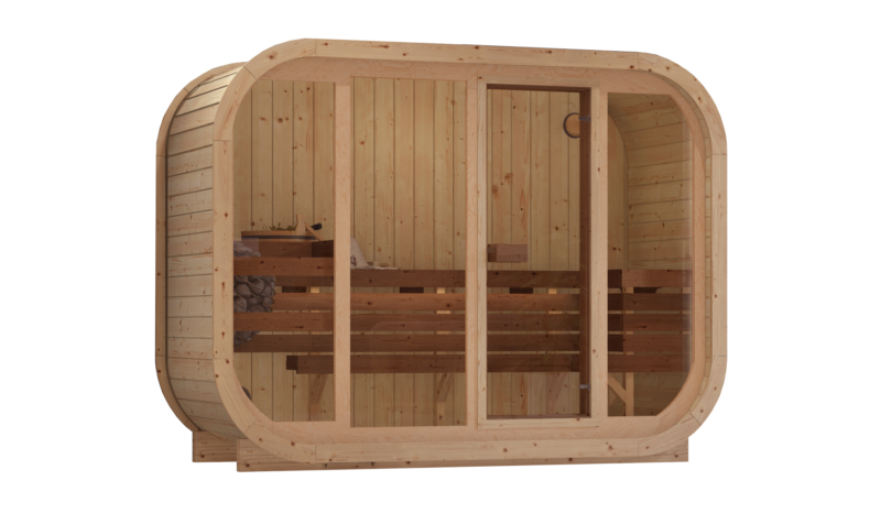 ALLA H1 indoor sauna, rounded pine cabin with bronze-tinted glass front