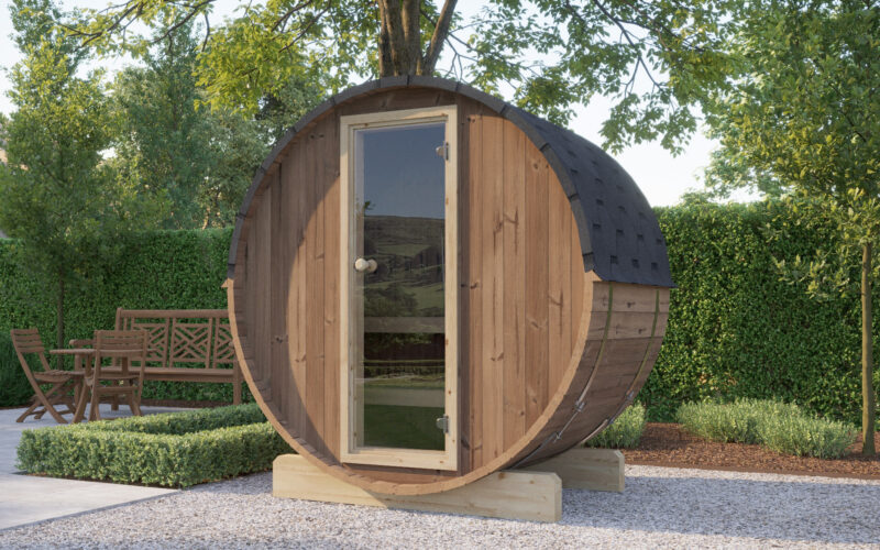 AURA Thermowood 1.3m barrel sauna exterior, glass door and shingled roof
