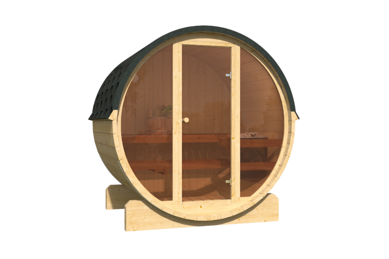 EDA Nordic Spruce 1.6m barrel sauna exterior, glass door and shingled roof