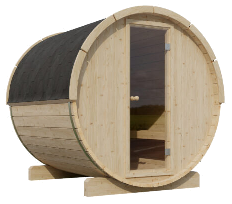 EDA Nordic Spruce 2.0m barrel sauna exterior, glass door and shingled roof