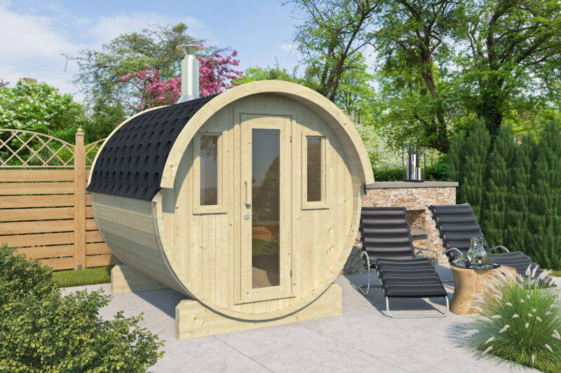 EDA Nordic Spruce 2.35m barrel sauna exterior, glass door and shingled roof