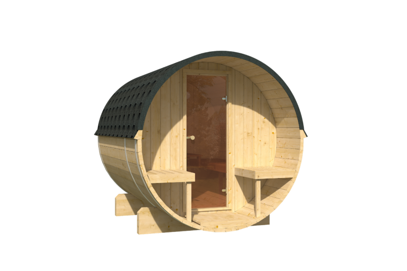 EDA Nordic Spruce 2.5m barrel sauna exterior, glass door and shingled roof