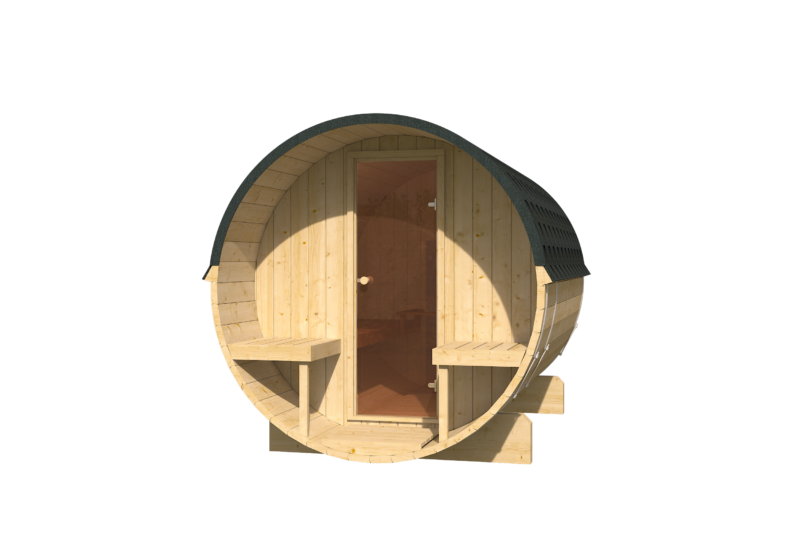 EDA Nordic Spruce 2.8m barrel sauna exterior, glass door and shingled roof