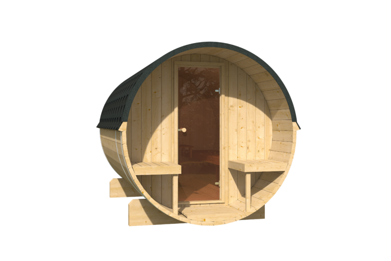 EDA Nordic Spruce 3.0m barrel sauna exterior, glass door and shingled roof