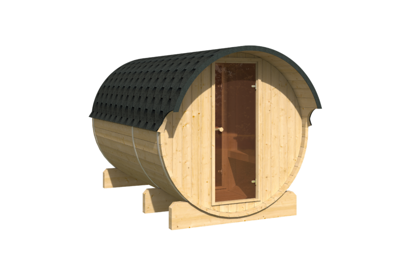 EDA Nordic Spruce 3.3m barrel sauna exterior, glass door and shingled roof