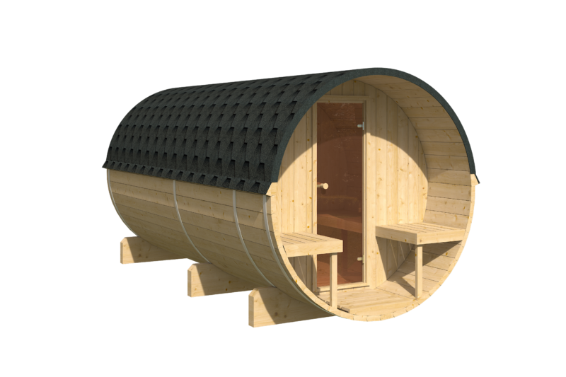 EDA Nordic Spruce 4.0m barrel sauna exterior, glass door and shingled roof
