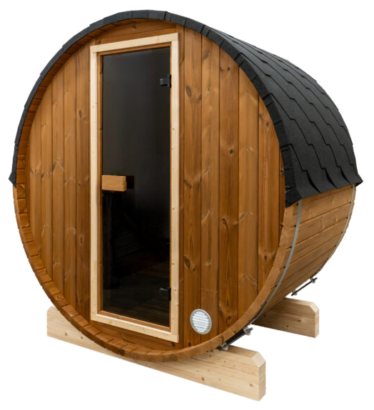 EDA Thermowood 1.3m barrel sauna exterior, glass door and shingled roof