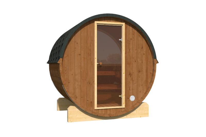 EDA Thermo-Treated Pine 1.6m barrel sauna exterior, glass door and shingled roof