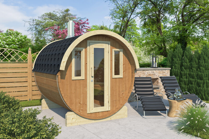 EDA Thermowood 2.35m barrel sauna exterior, glass door and shingled roof