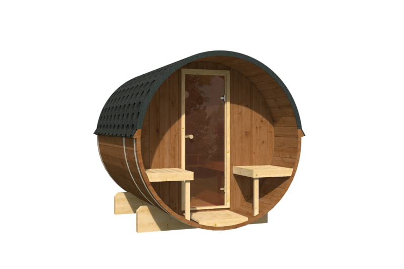 EDA Thermowood 2.5m barrel sauna exterior, glass door and shingled roof