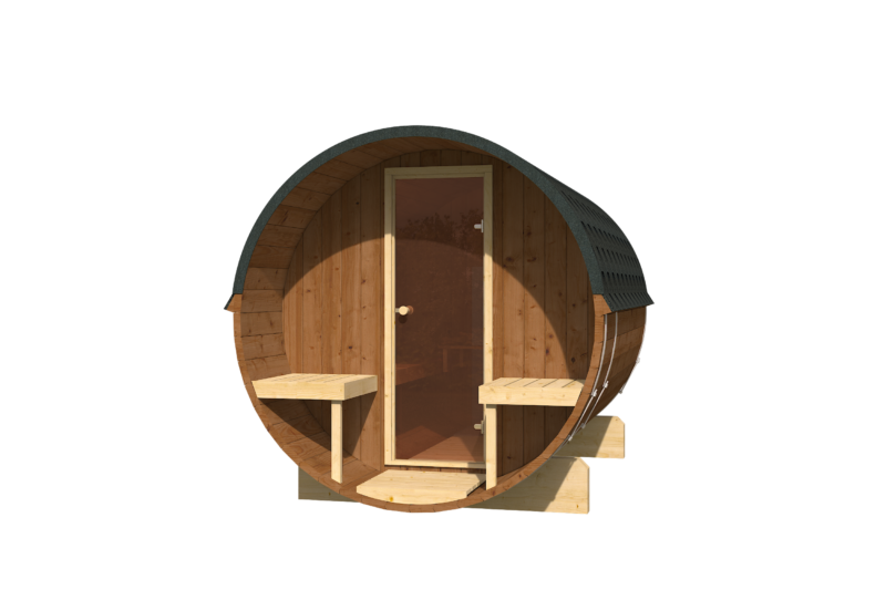 EDA Thermowood 2.8m barrel sauna exterior, glass door and shingled roof