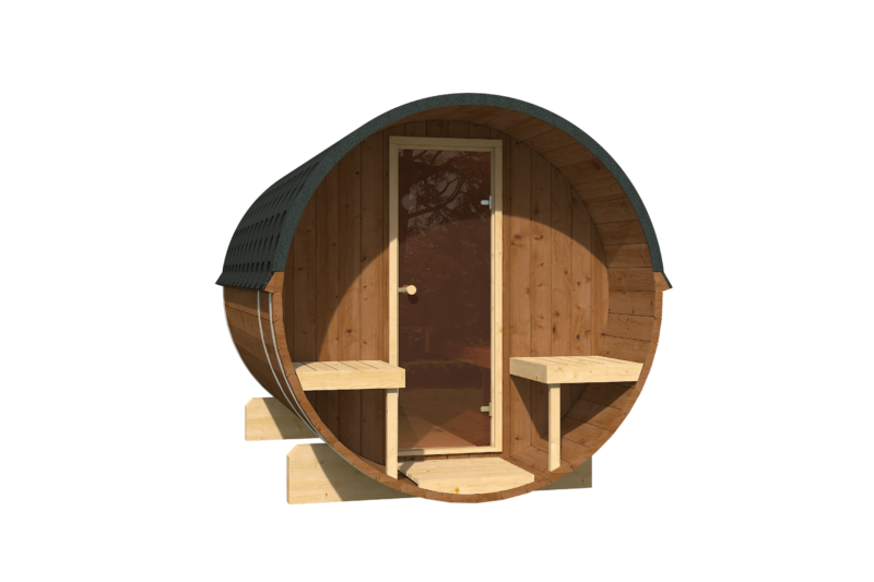 EDA Thermowood 3.0m barrel sauna exterior, glass door and shingled roof