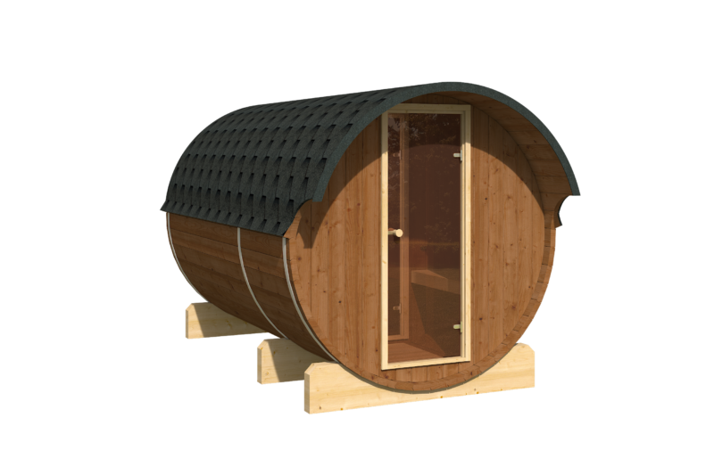 EDA Thermowood 3.3m barrel sauna exterior, glass door and shingled roof