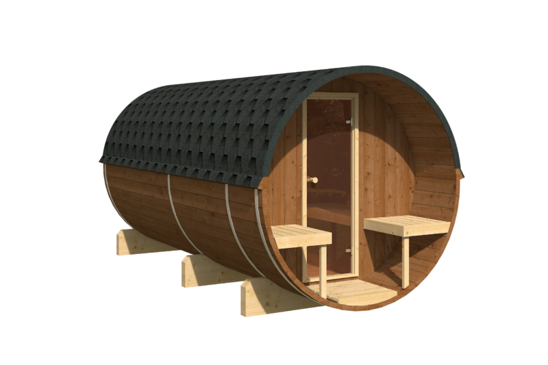 EDA Thermowood 4.0m barrel sauna exterior, glass door and shingled roof