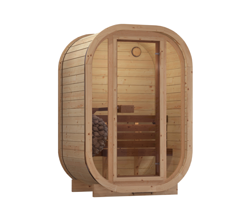ELLA H1 indoor sauna, rounded pine cabin with bronze-tinted glass front