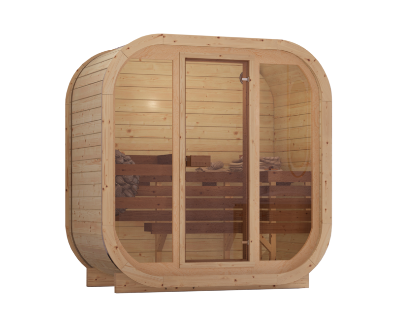 ILLI H2 indoor sauna, rounded pine cabin with bronze-tinted glass front