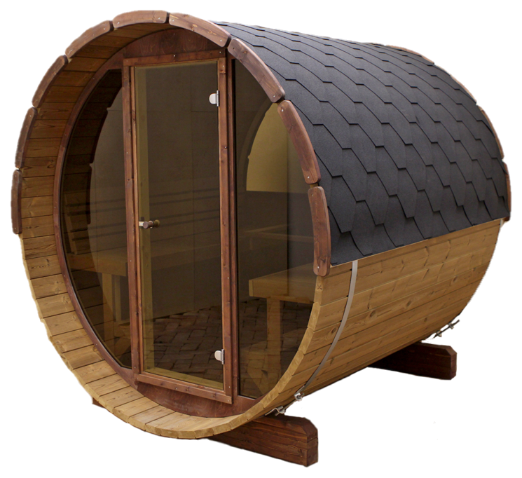 ITI Thermowood 2.3m barrel sauna exterior, glass door and shingled roof