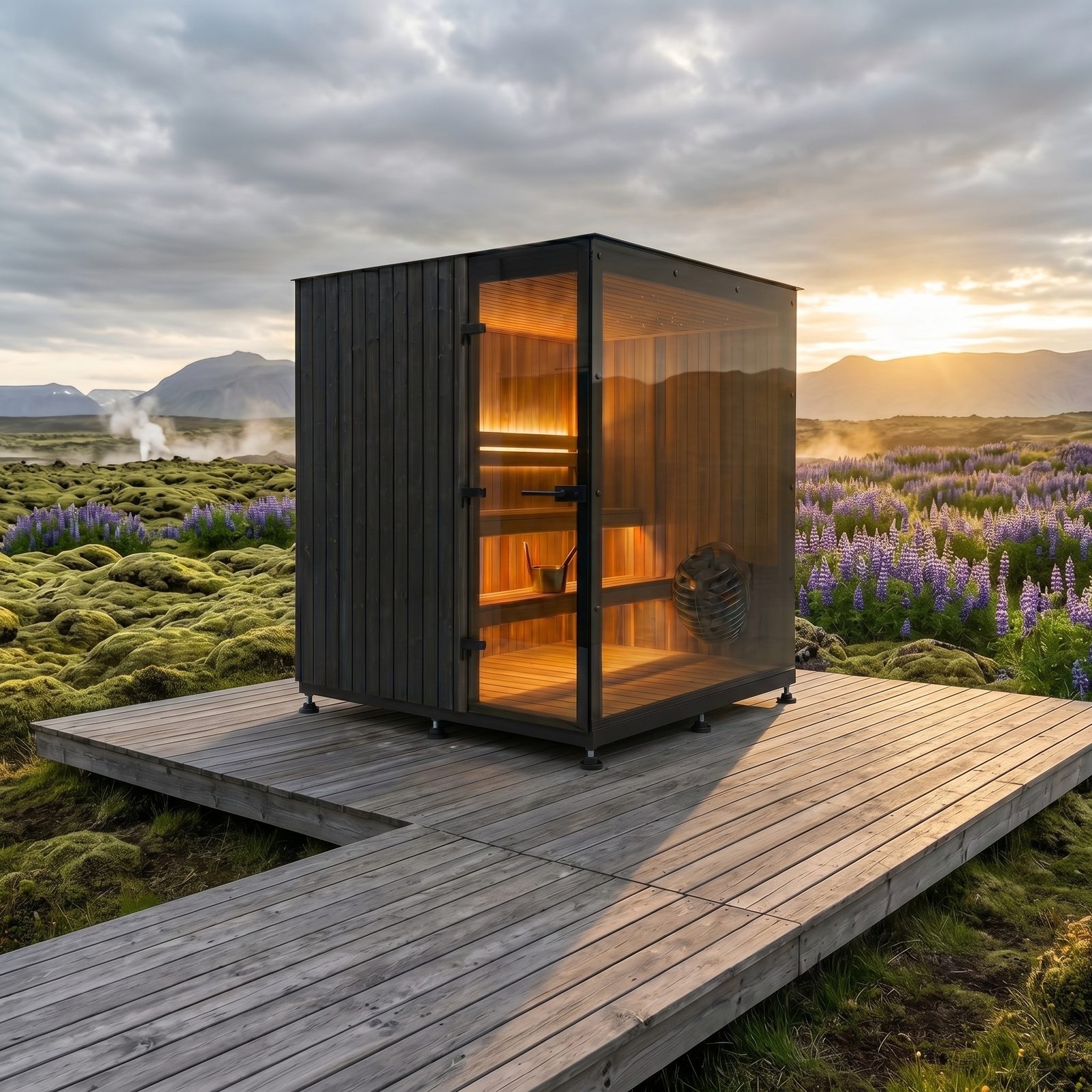 NORD Cube 200 outdoor sauna with charred timber cladding and full-glass front, glowing at dusk in a Nordic landscape