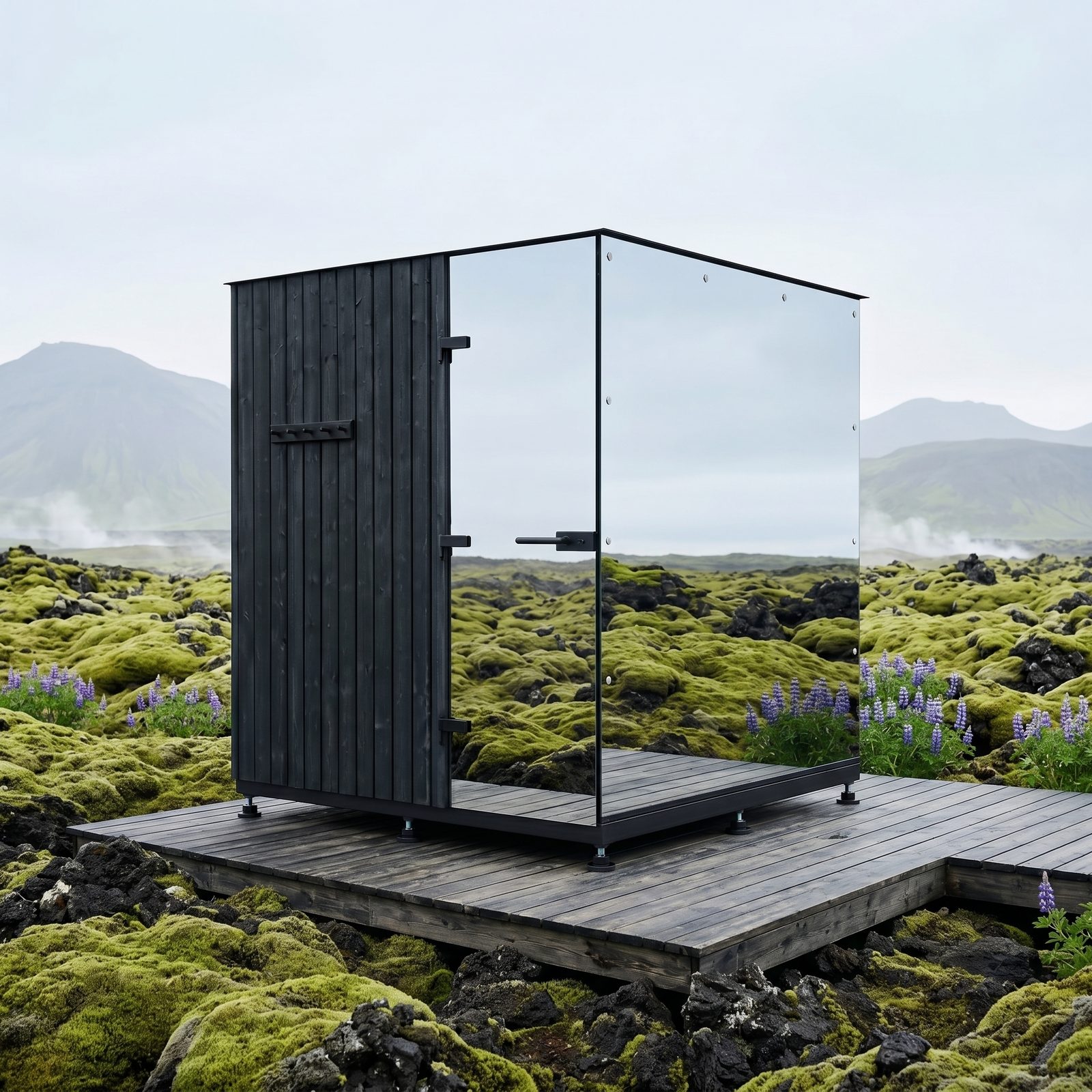 NORD Cube 240 outdoor sauna with mirror-glass front reflecting a mossy Nordic landscape