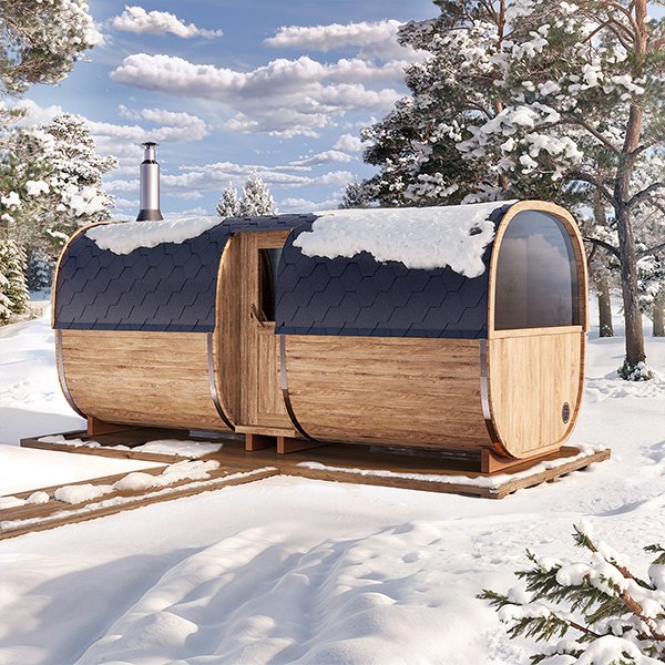 VIRU Panorama 5.0m barrel sauna in a snowy pine forest, panoramic glass end and separate entrance door