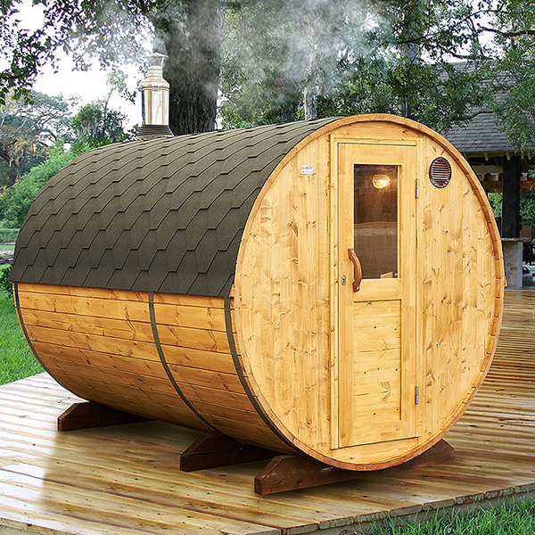VIRU 3.0m barrel sauna on decking with smoke rising, wooden entrance door with window
