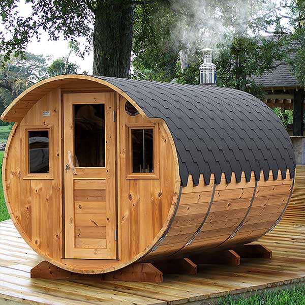 VIRU 4.0m barrel sauna with entrance door and side windows, smoke rising from the chimney